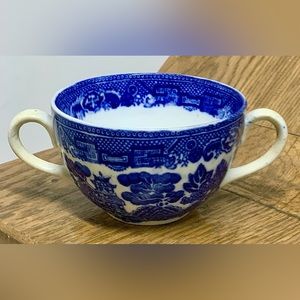 19th Century Antique Allertons England Flow Blue Willow Double Handled Cup